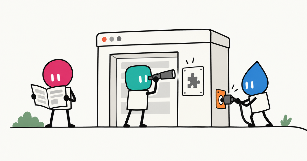 Three agents at one website: one reads docs, one finds the integration, one plugs in.